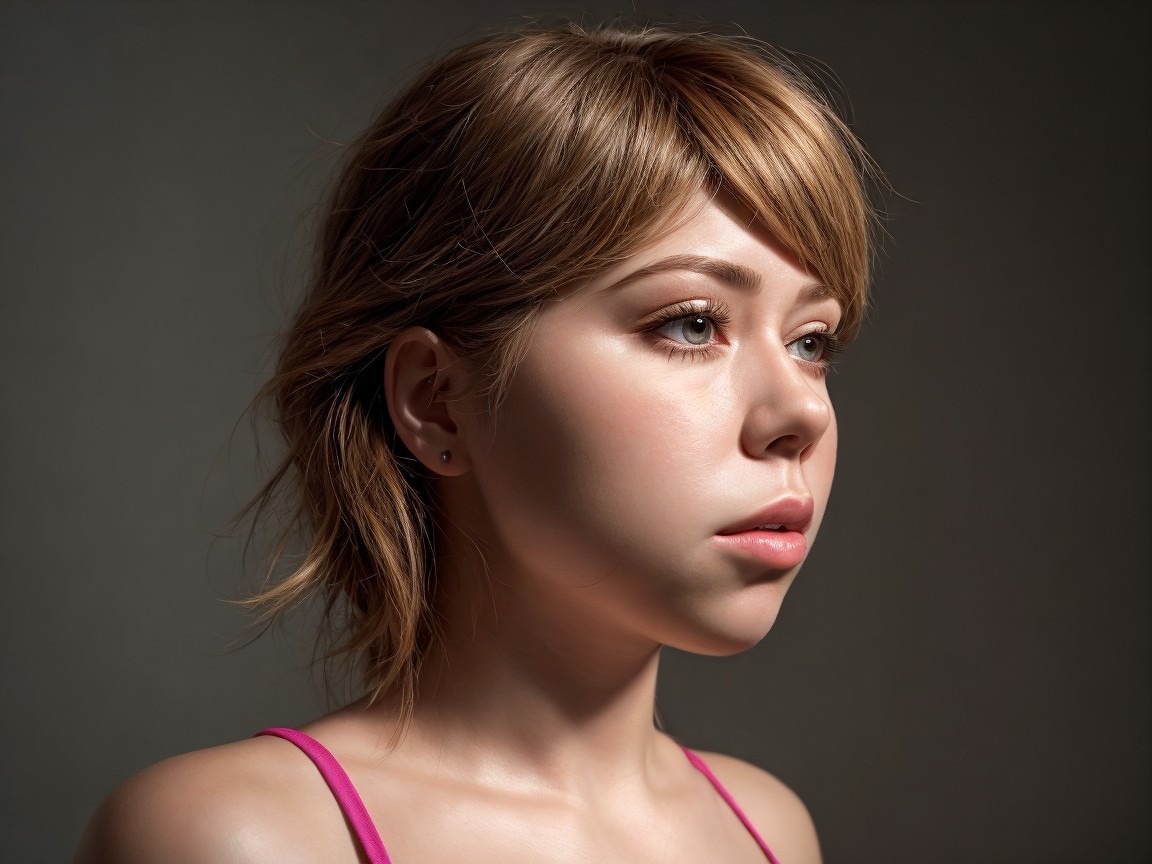 Young woman in profile with blonde hair and pink top