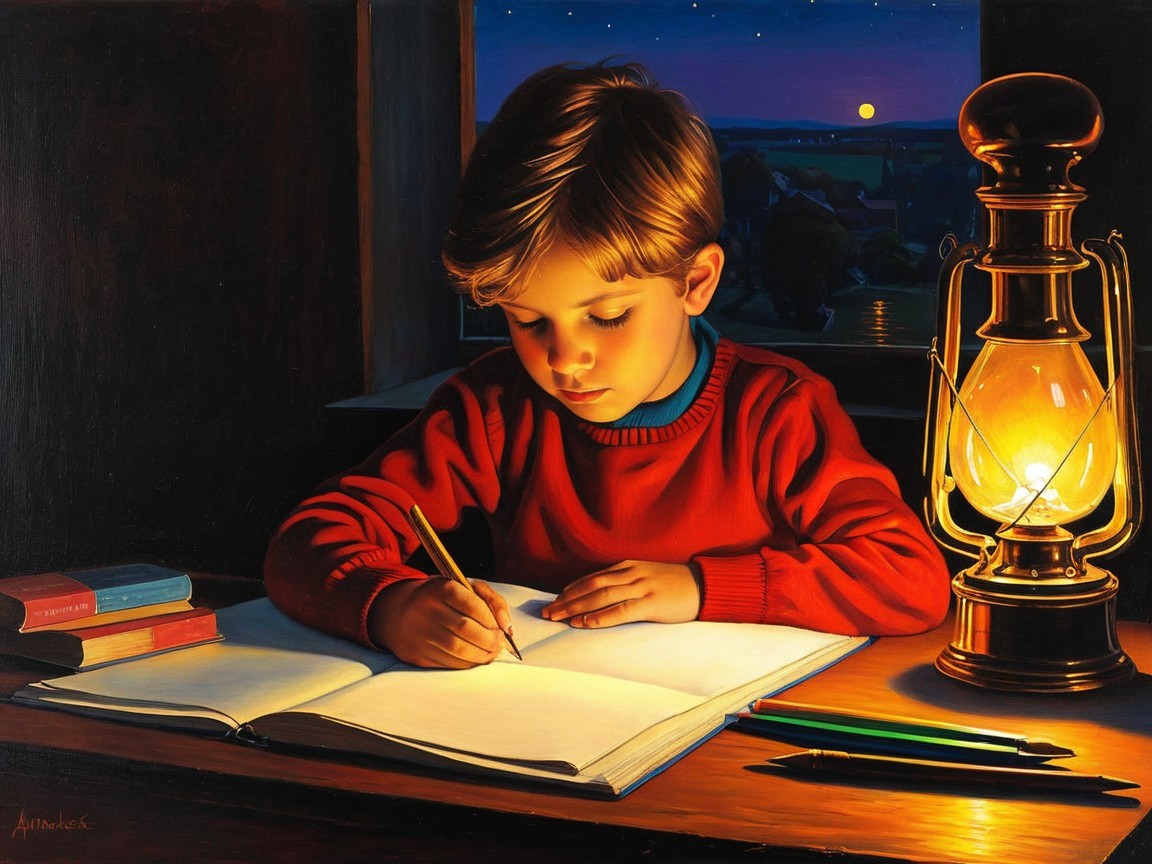 Young boy writing at desk with lantern light