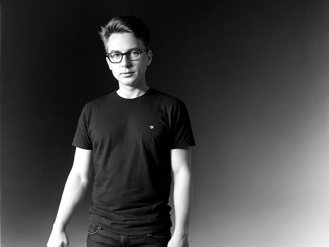 Young man in black T-shirt with contemplative expression