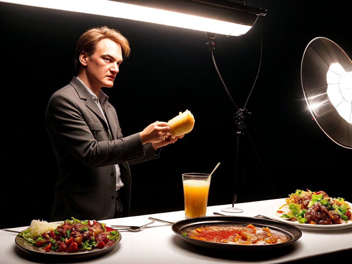 Lifelike mannequin in suit with elegant food display