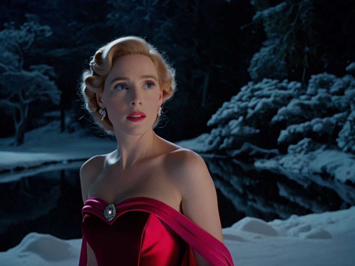 Woman in elegant red gown in snowy landscape