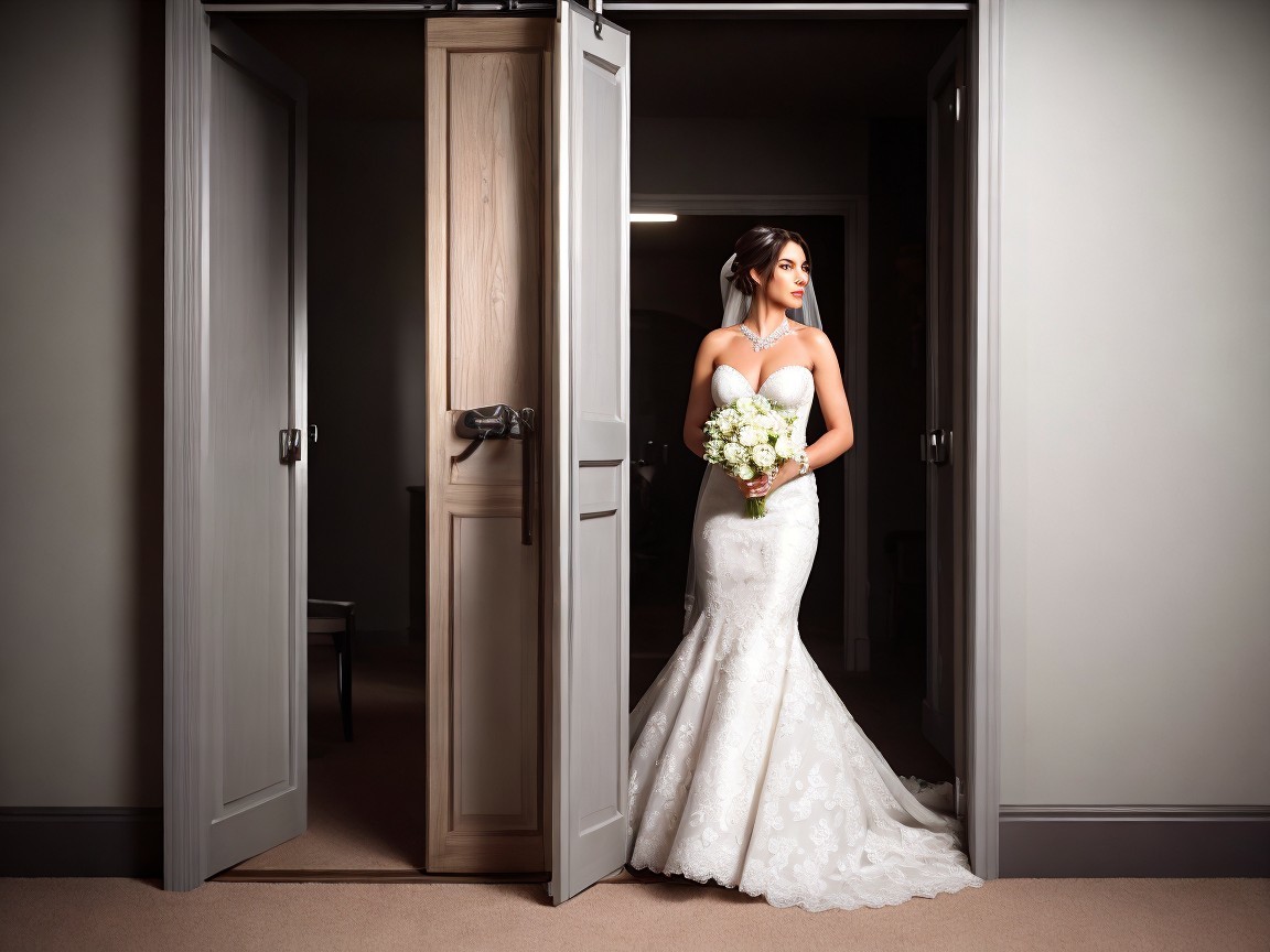 Elegant Bride in Fitted Lace Wedding Gown in Doorway
