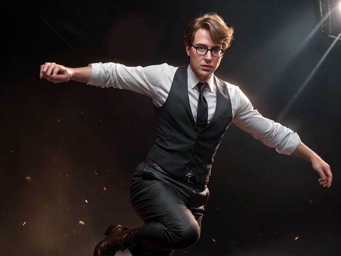Stylish Young Man in Dynamic Pose with Dramatic Lighting