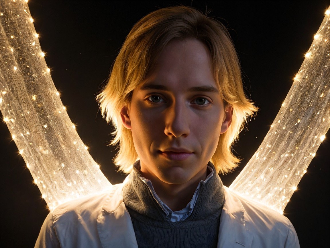 Young man in lab coat with light blonde hair and halo