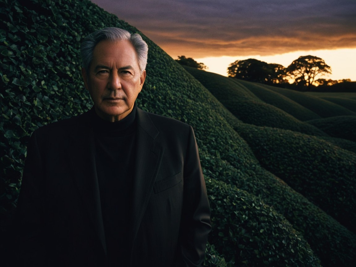 Man in Black Suit Against Sunset and Green Hills