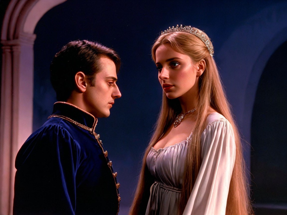 Young couple in historical attire with romantic backdrop