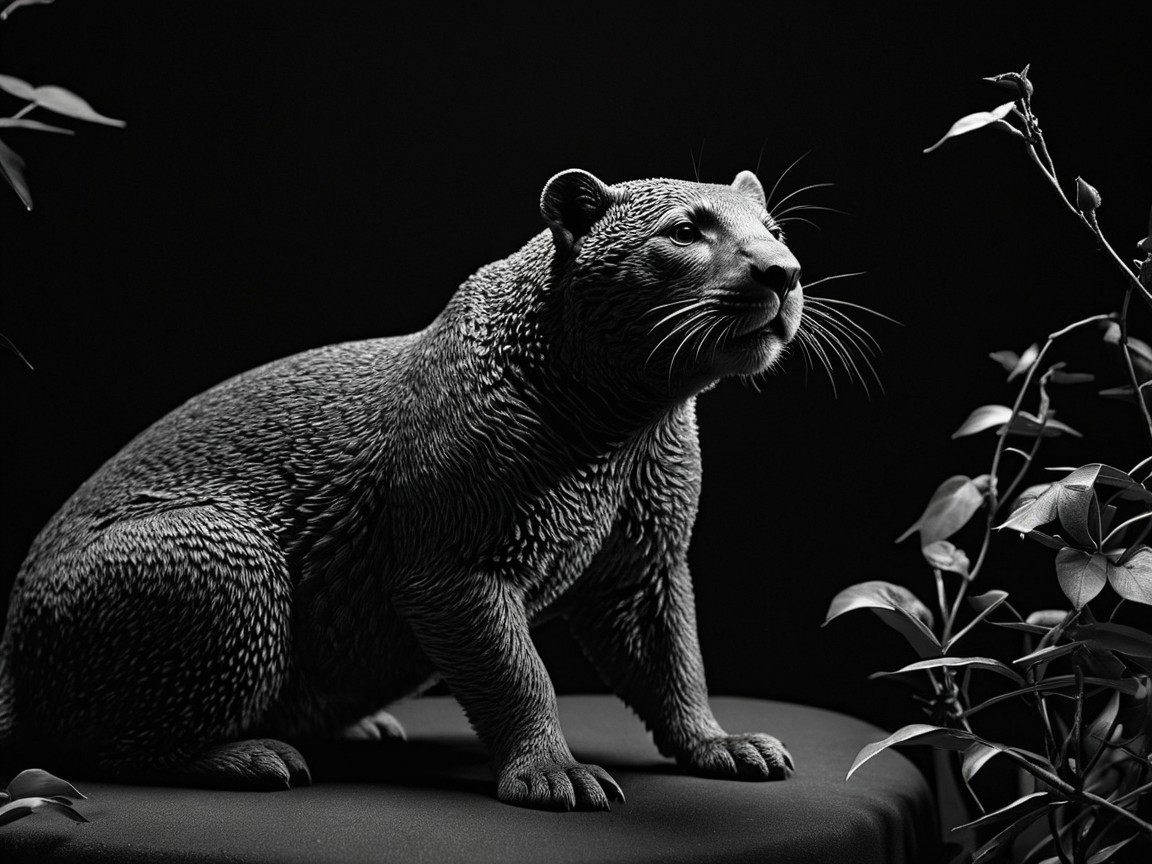 Sculpture of Bear-like Creature with Green Leaves
