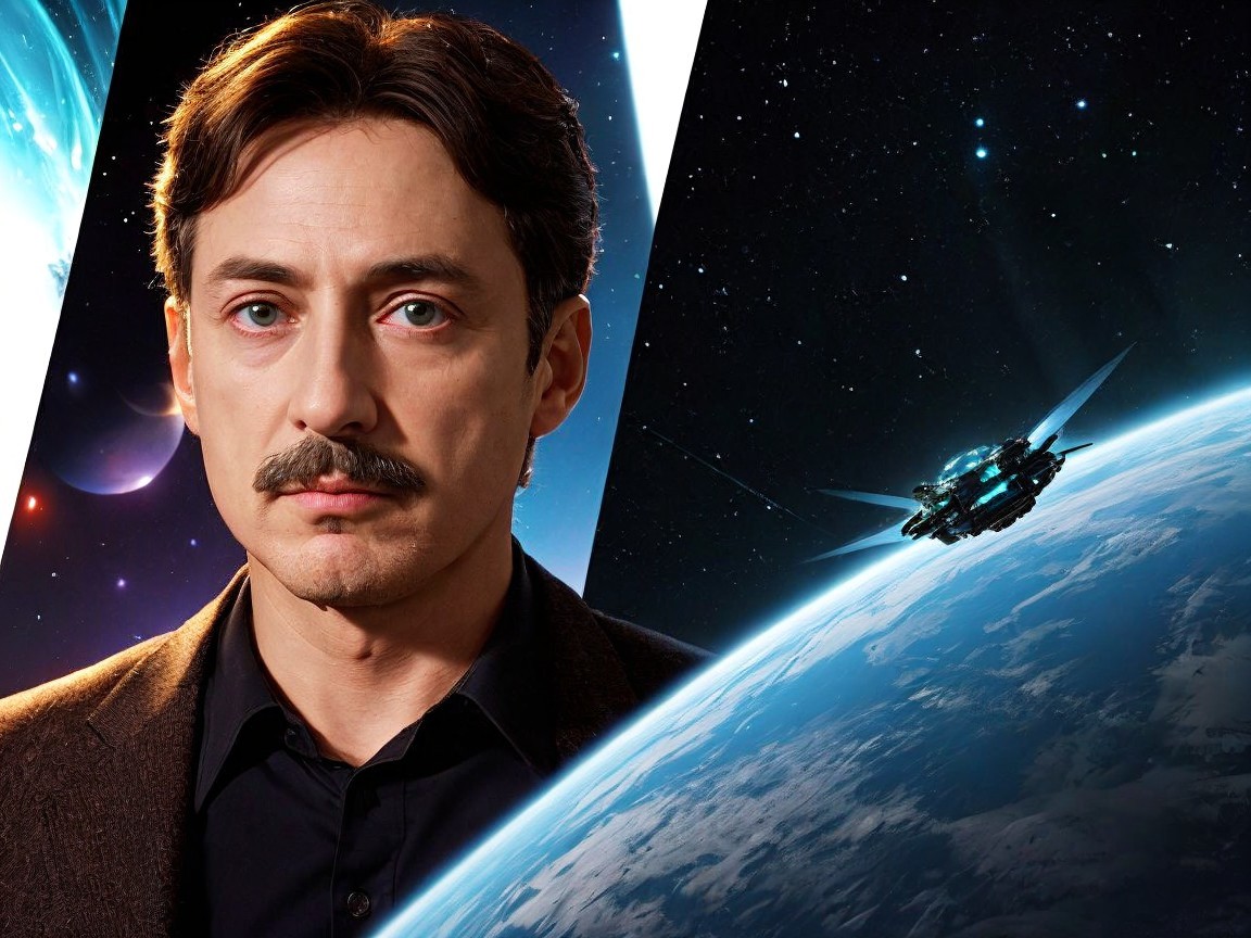 Contemplative Man Against Vibrant Cosmic Imagery
