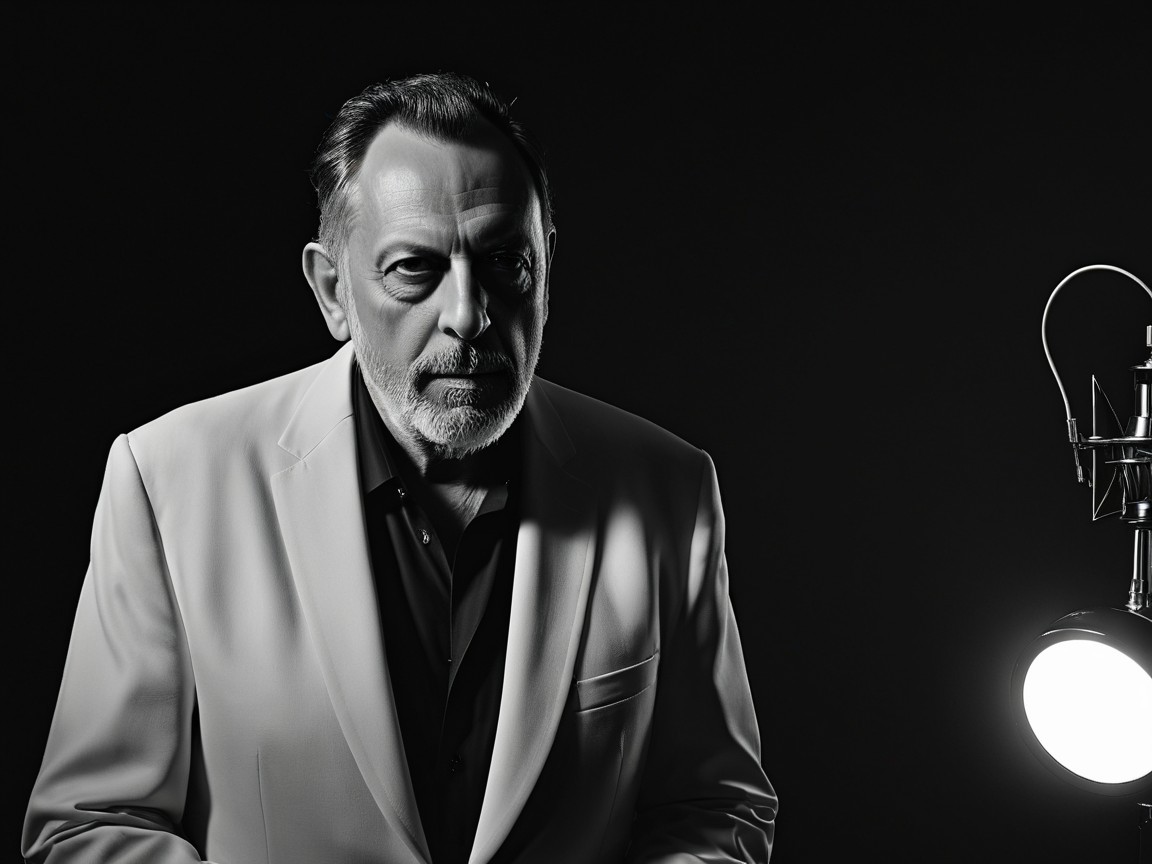 Man in White Suit Against Dark Backdrop with Spotlight