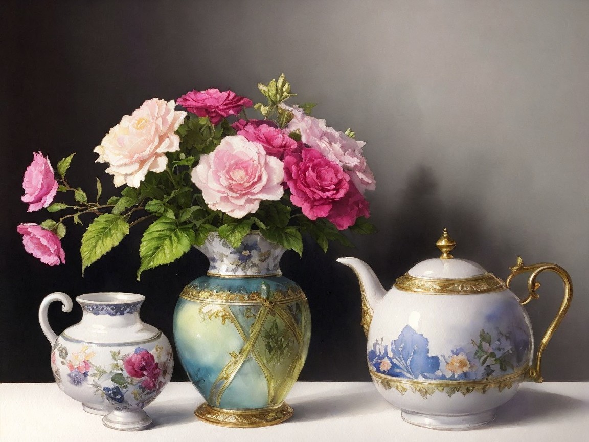 Still Life of Roses in Ornate Blue and Gold Vase