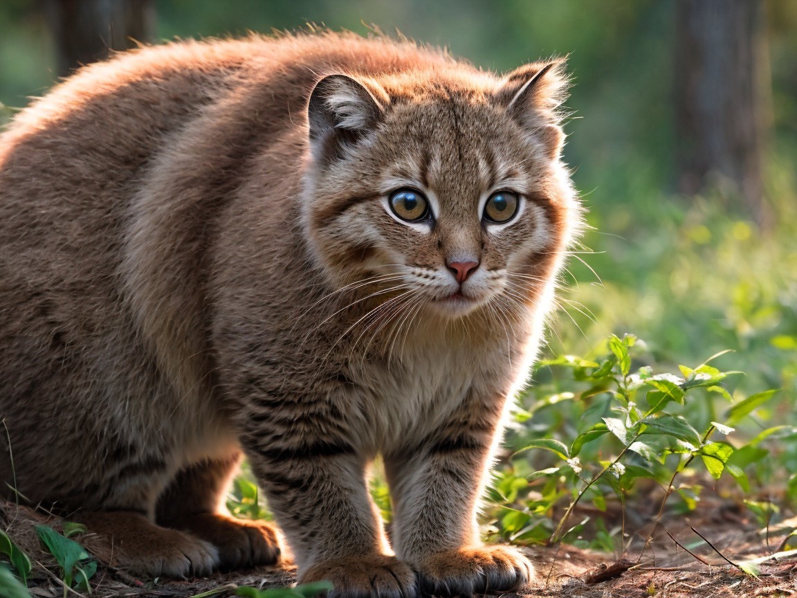 Fluffy Wildcat in Green Grass with Sunlit Fur