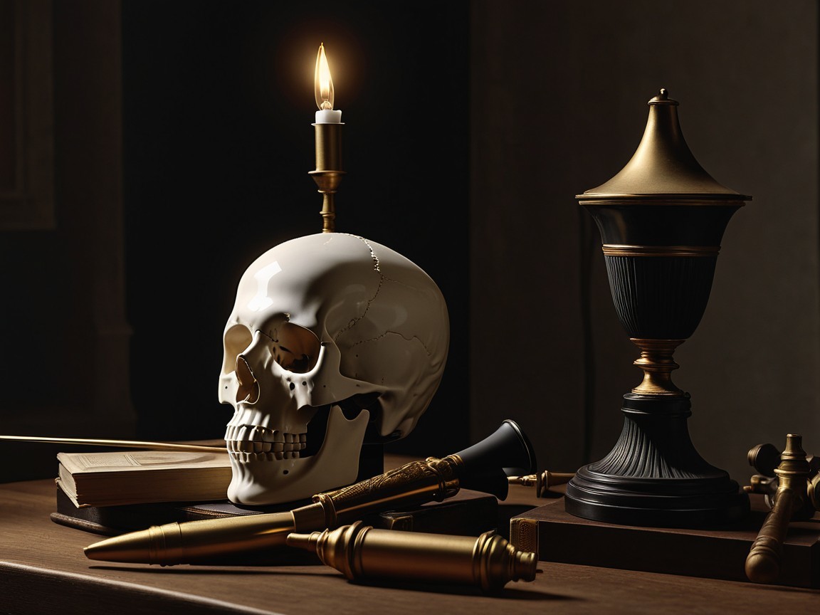 Dramatic Still Life with Skull, Candle, and Urn