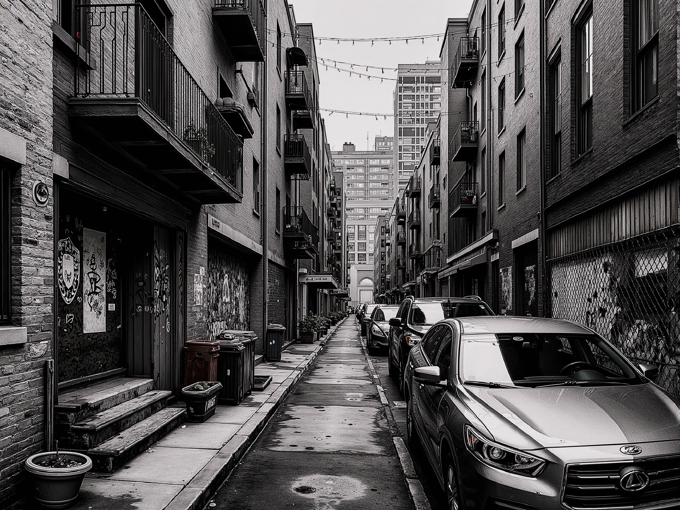 Narrow Urban Alleyway with Brick Buildings and Graffiti