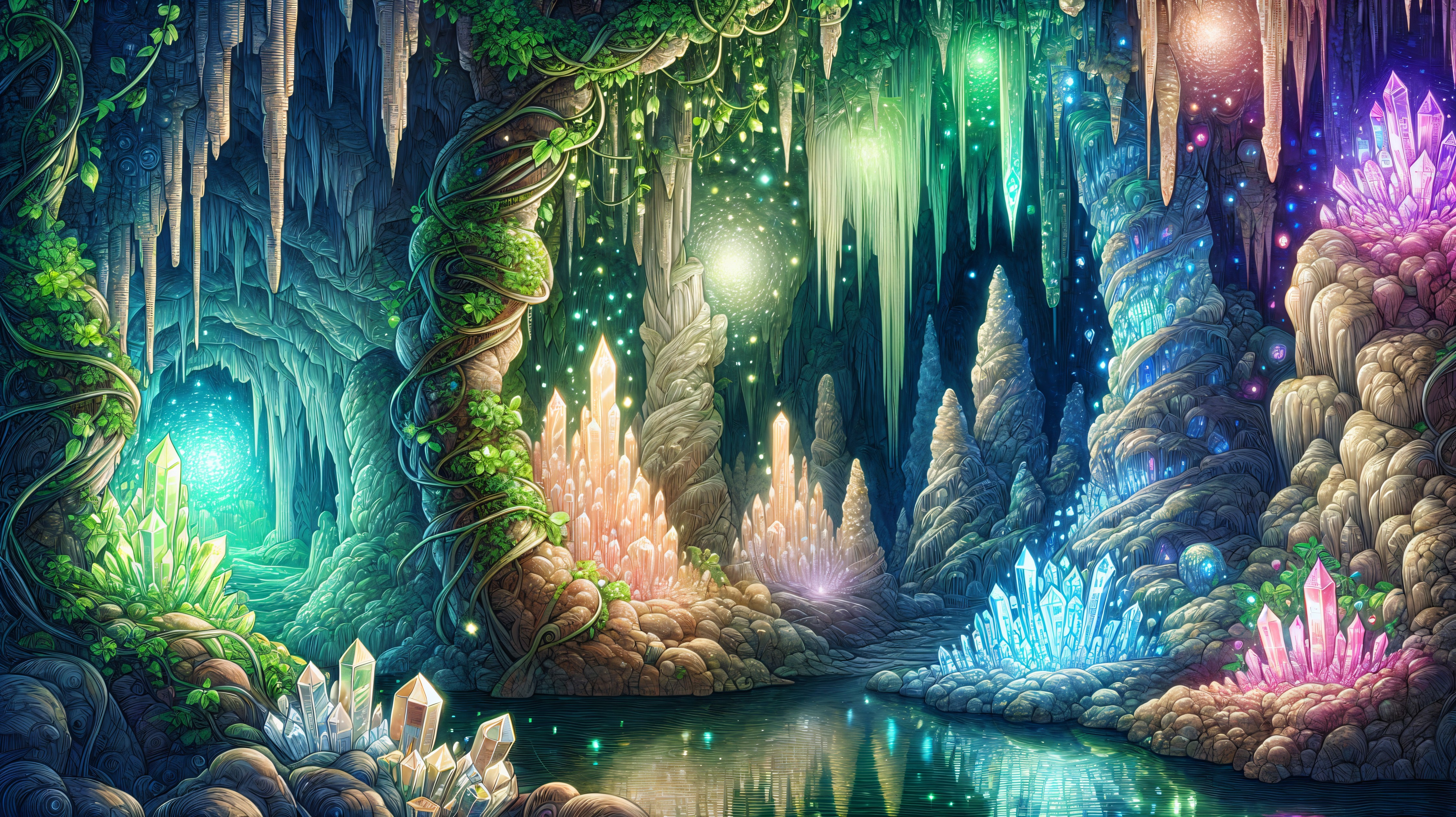 Underground Cavern with Vibrant Crystals and Greenery