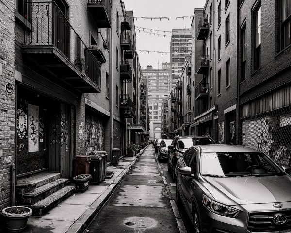 Narrow Urban Alleyway with Brick Buildings and Graffiti