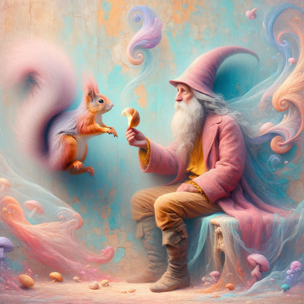 Whimsical Wizard Shares Cookie with Playful Squirrel
