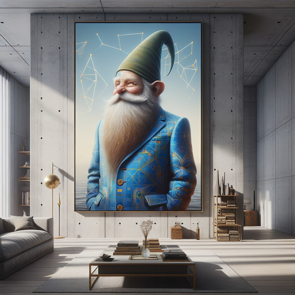 Large Whimsical Gnome Portrait in Modern Living Room