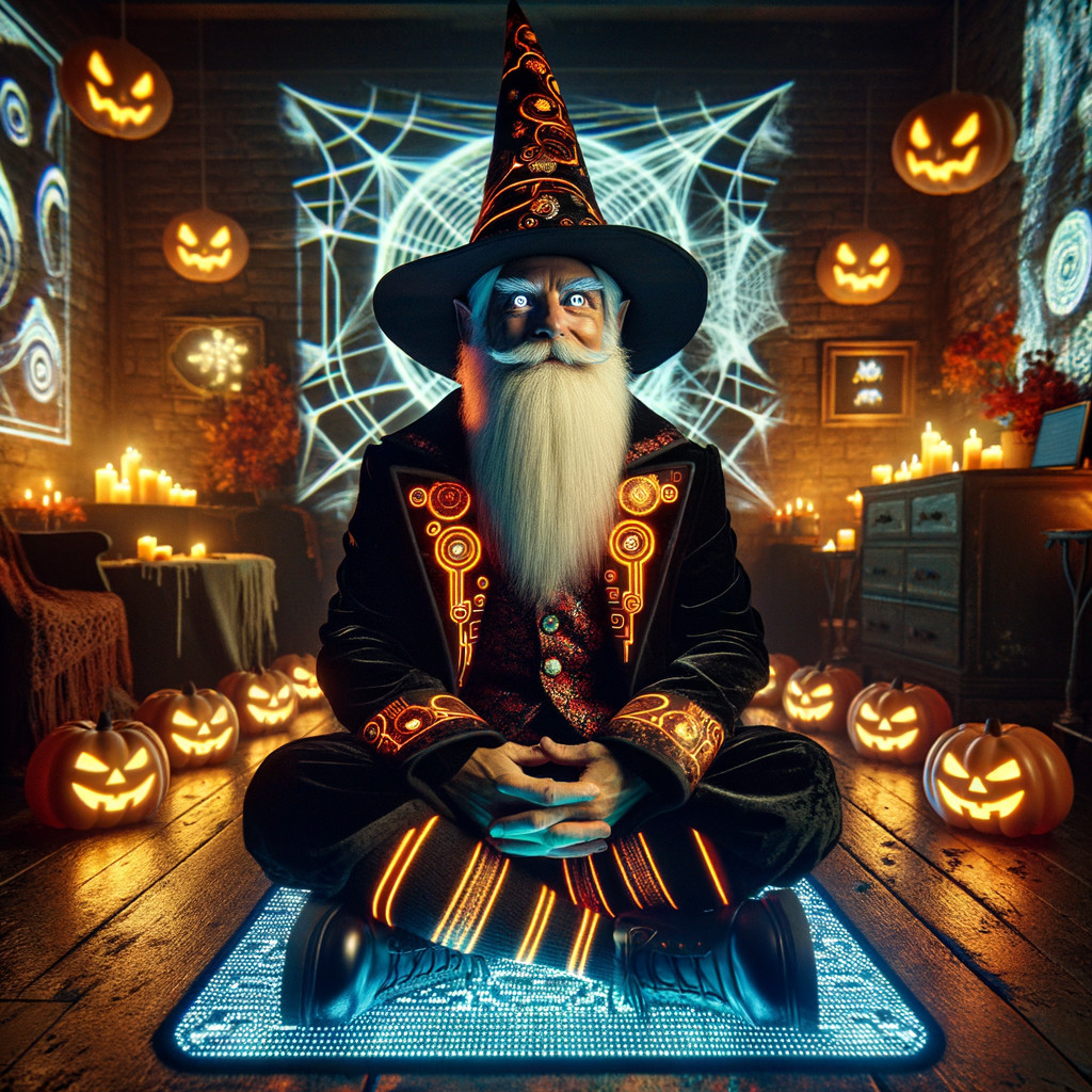 Mystical Wizard in Dim Room with Neon Patterns