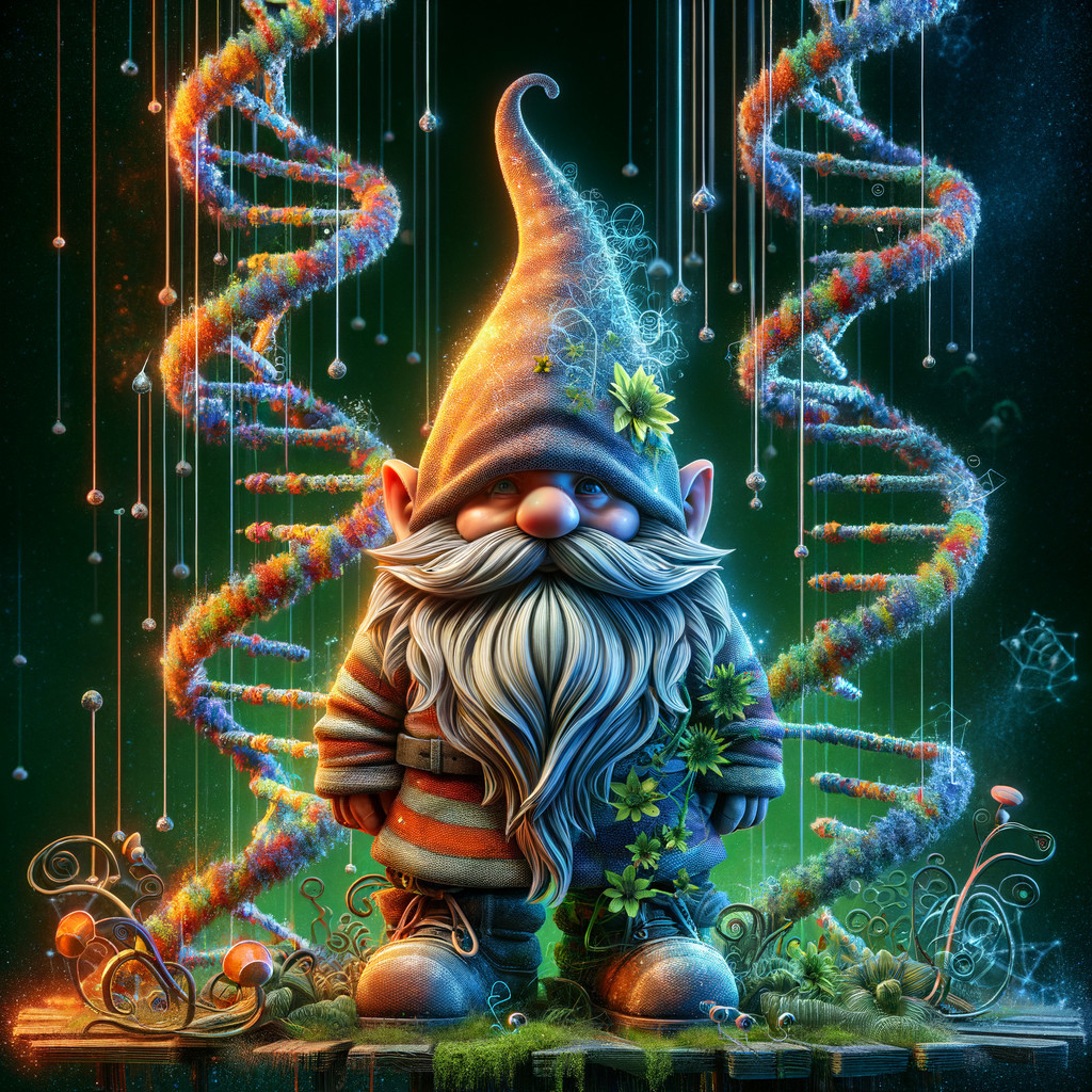 Whimsical Gnome Surrounded by Colorful DNA Strands