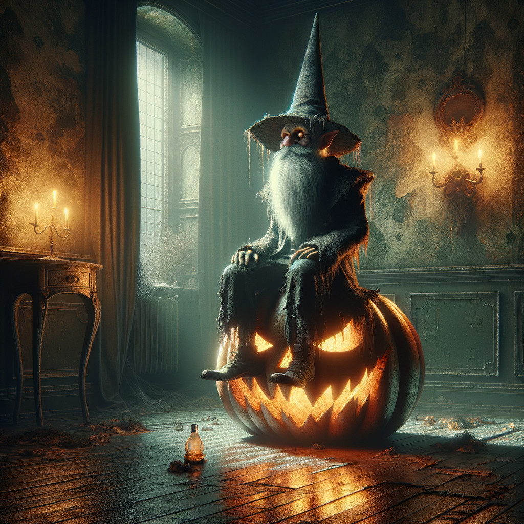 Eerie Wizard Figure in Dimly Lit Room with Pumpkin