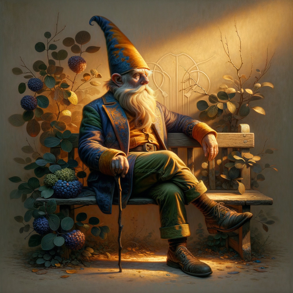 Whimsical gnome on a bench in a serene garden