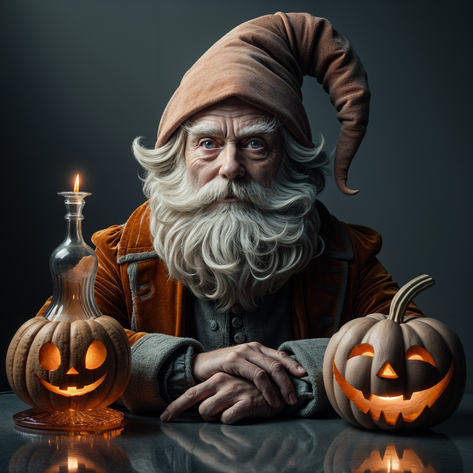 Elderly Man with Jack-o'-Lanterns in Autumn Setting