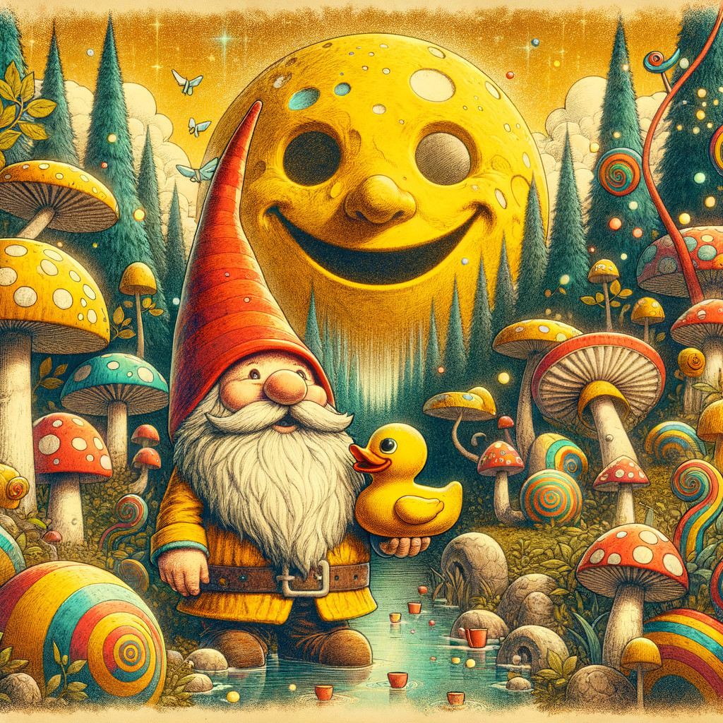 Whimsical Forest Scene with Gnome and Rubber Duck