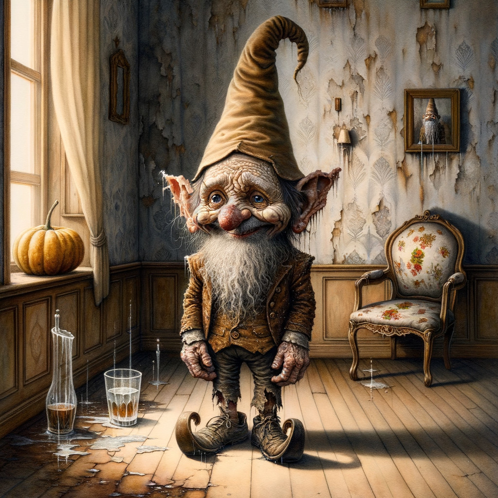 Whimsical Gnome in Vintage Dimly Lit Room