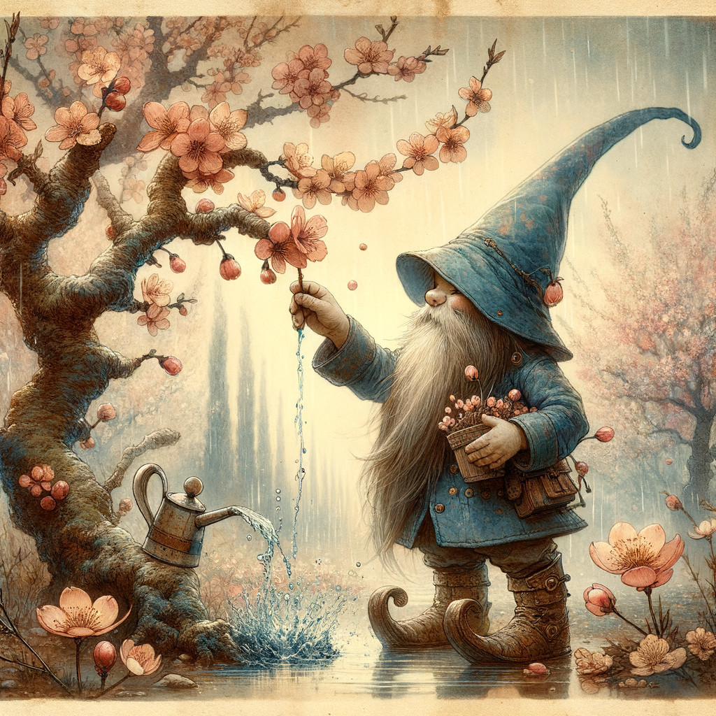 Whimsical Gnome by Flowering Tree in Rainy Landscape