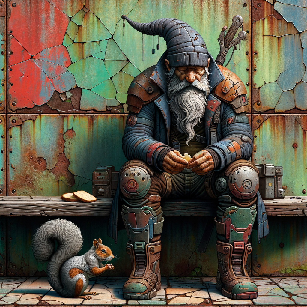 Futuristic Gnome in Armor with Squirrel Companion