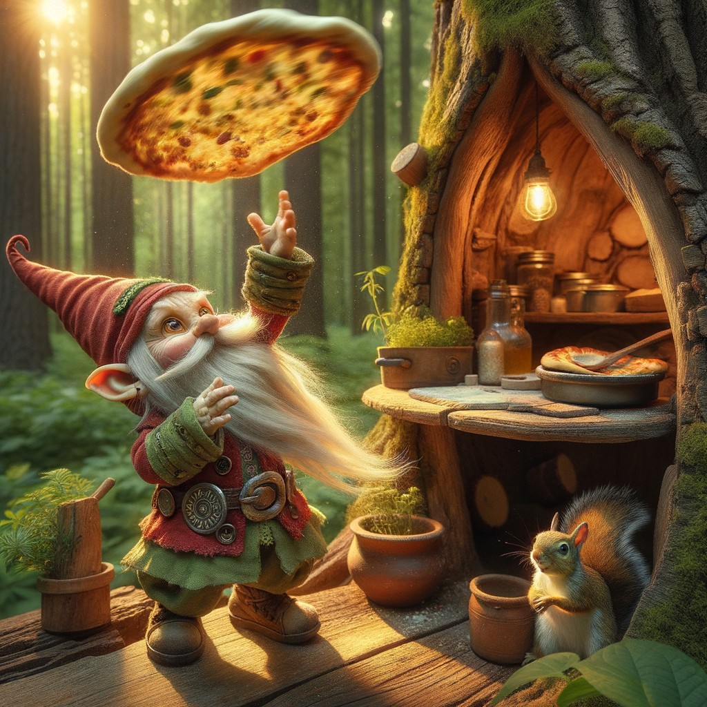 Gnome Tossing Pizza in Whimsical Forest Setting