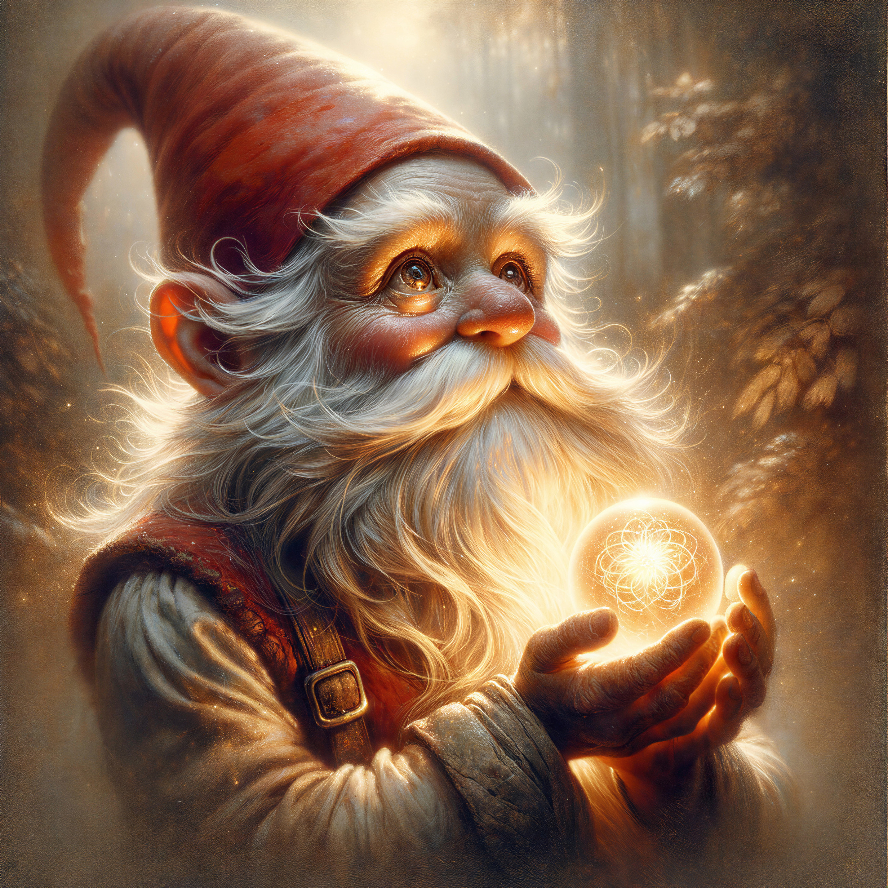 Whimsical Gnome Holding a Glowing Orb in Forest
