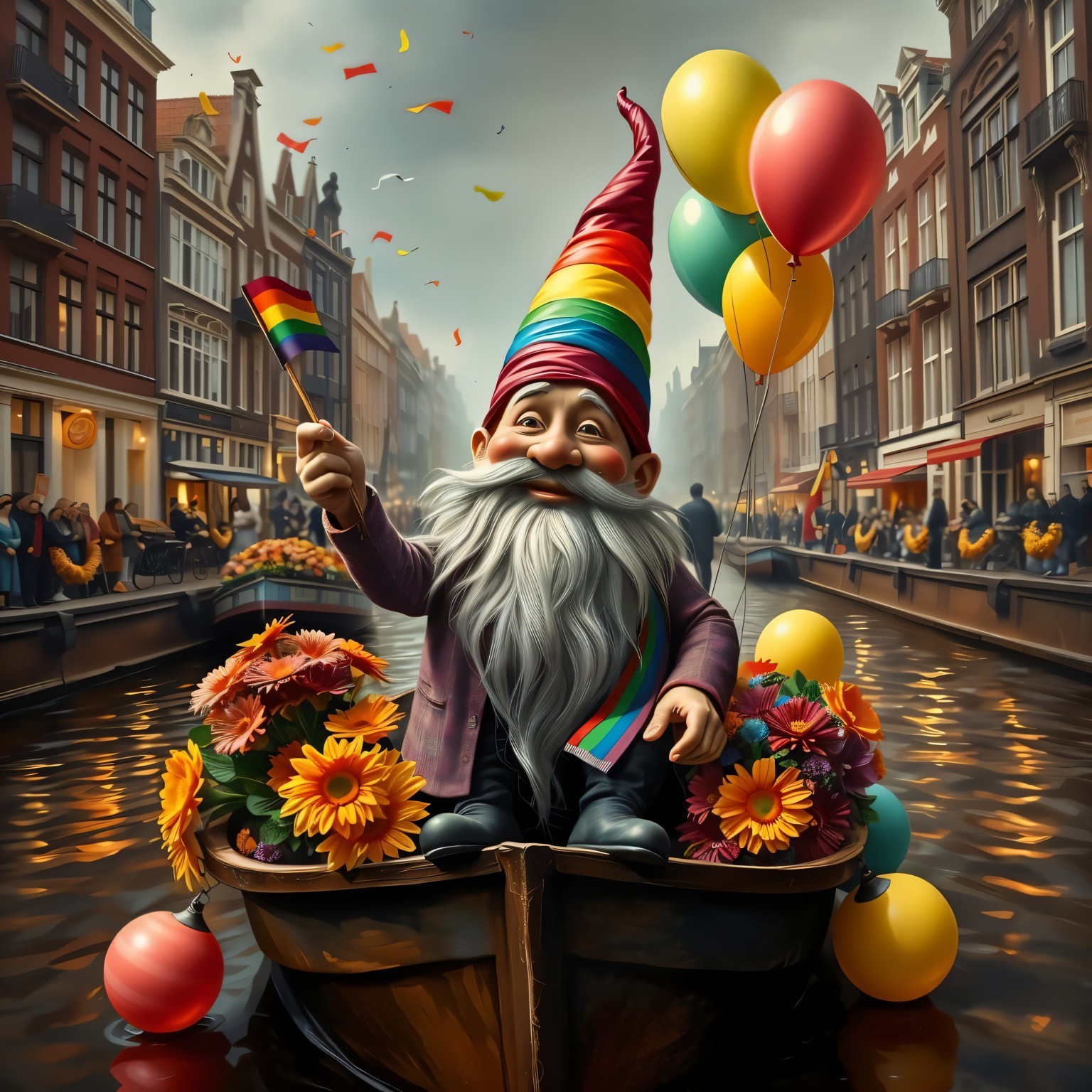 Cheerful gnome with rainbow hat at festive city canal