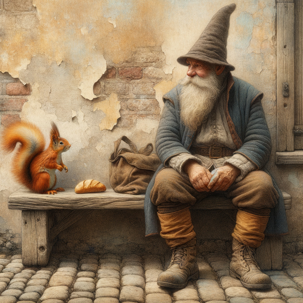 Elderly gnome and squirrel share a whimsical moment