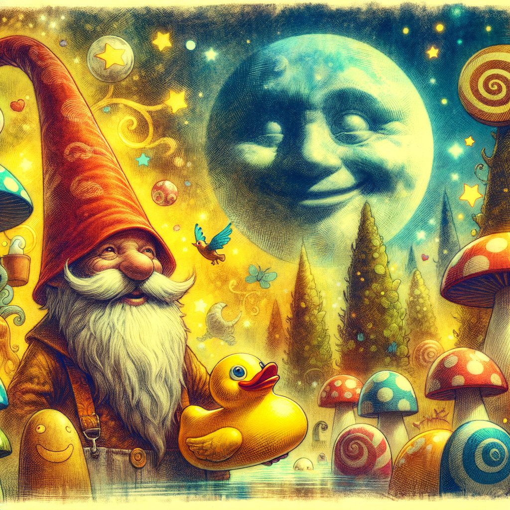 Cheerful Gnome with Rubber Duck in Whimsical Landscape