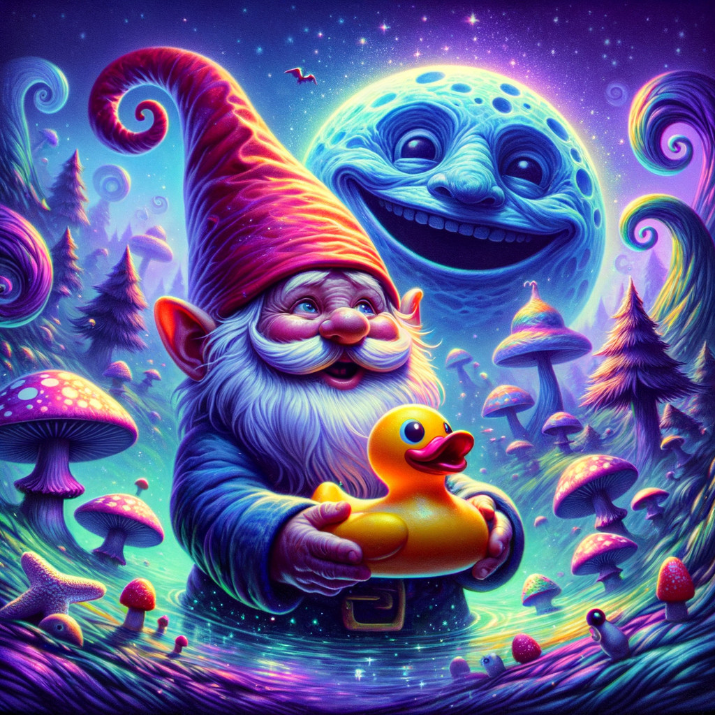Cheerful Gnome with Duck in a Colorful Landscape