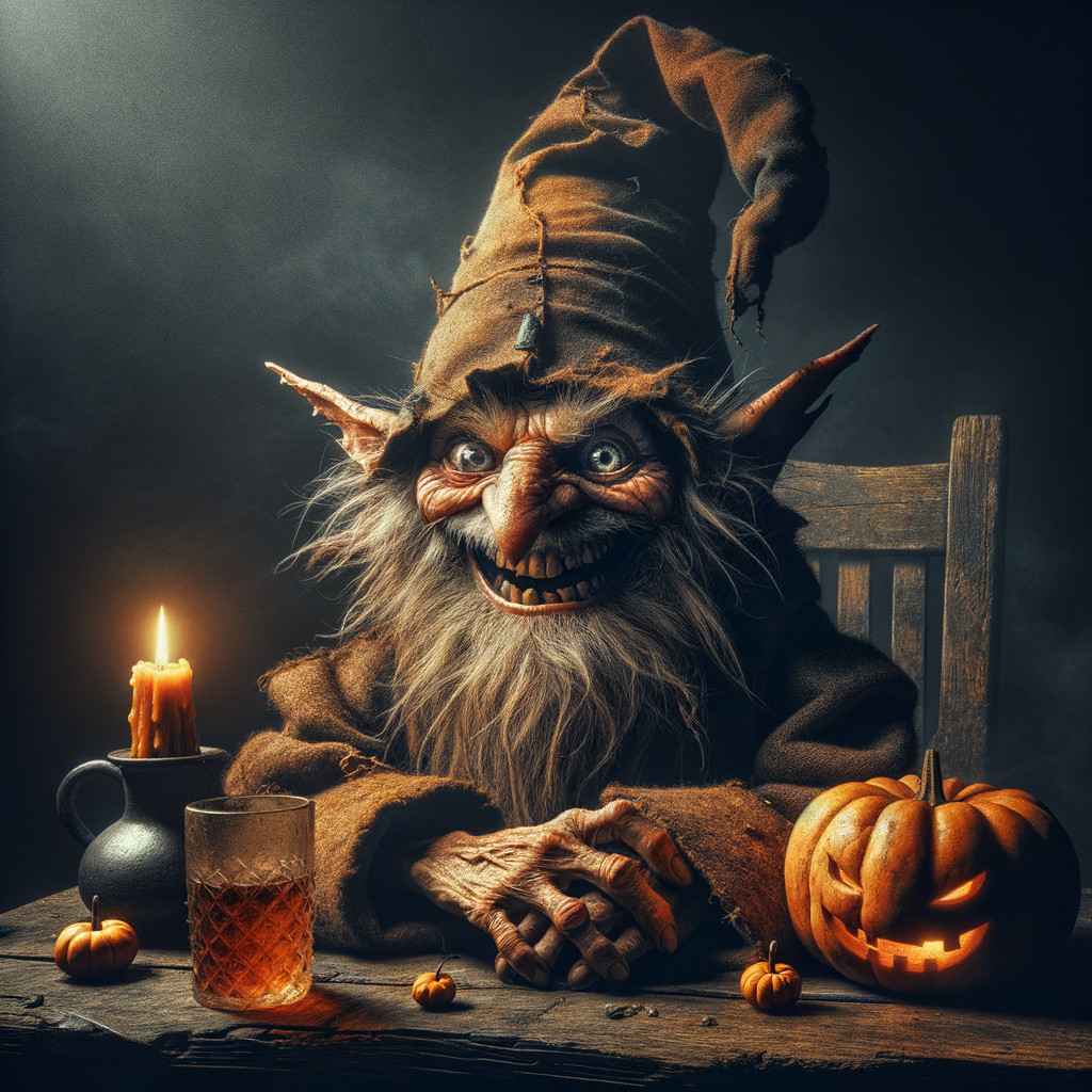 Whimsical Goblin at Rustic Table with Pumpkins and Candle