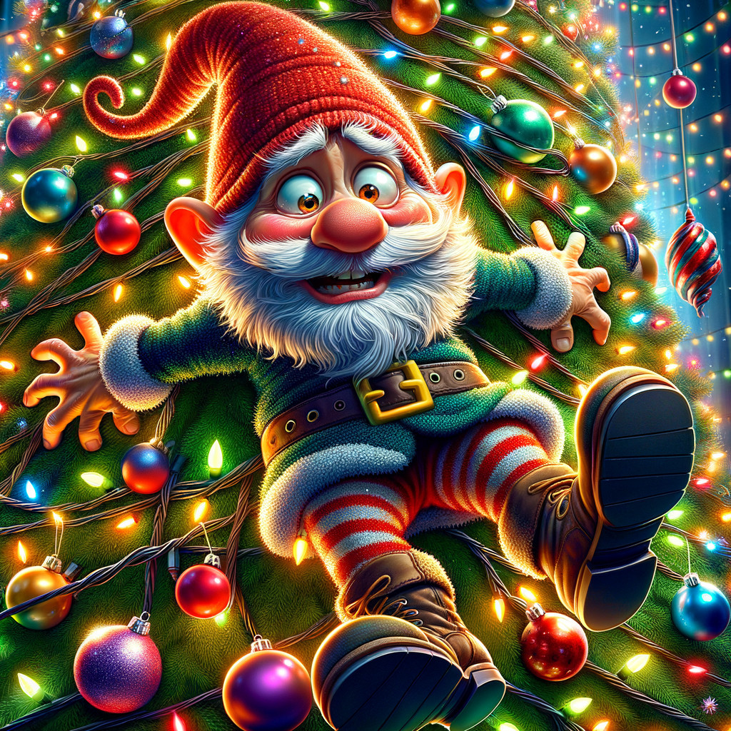 Cheerful Gnome Entangled in Colorful Christmas Tree
