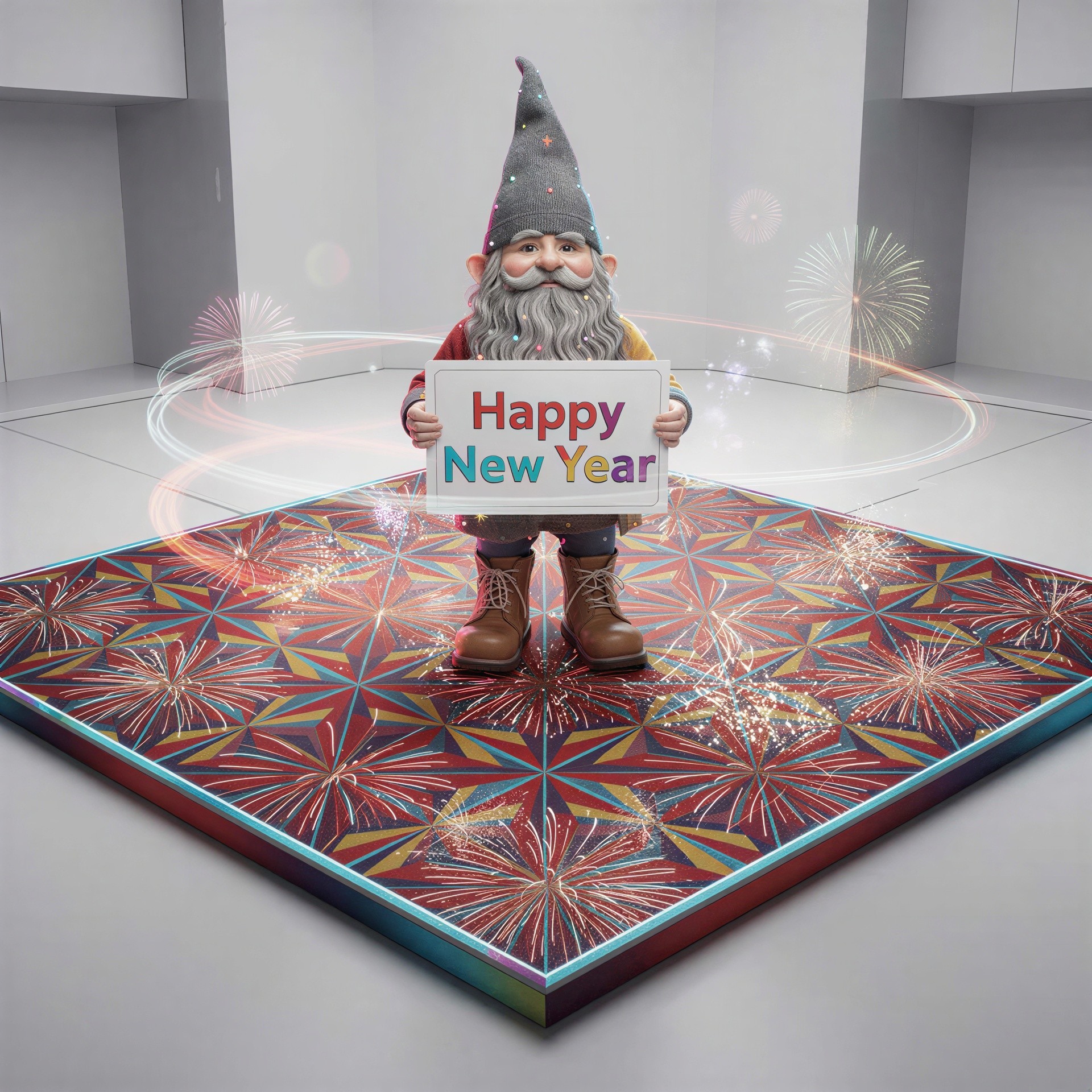 Realistic 3D Render of Gnome with New Year Sign