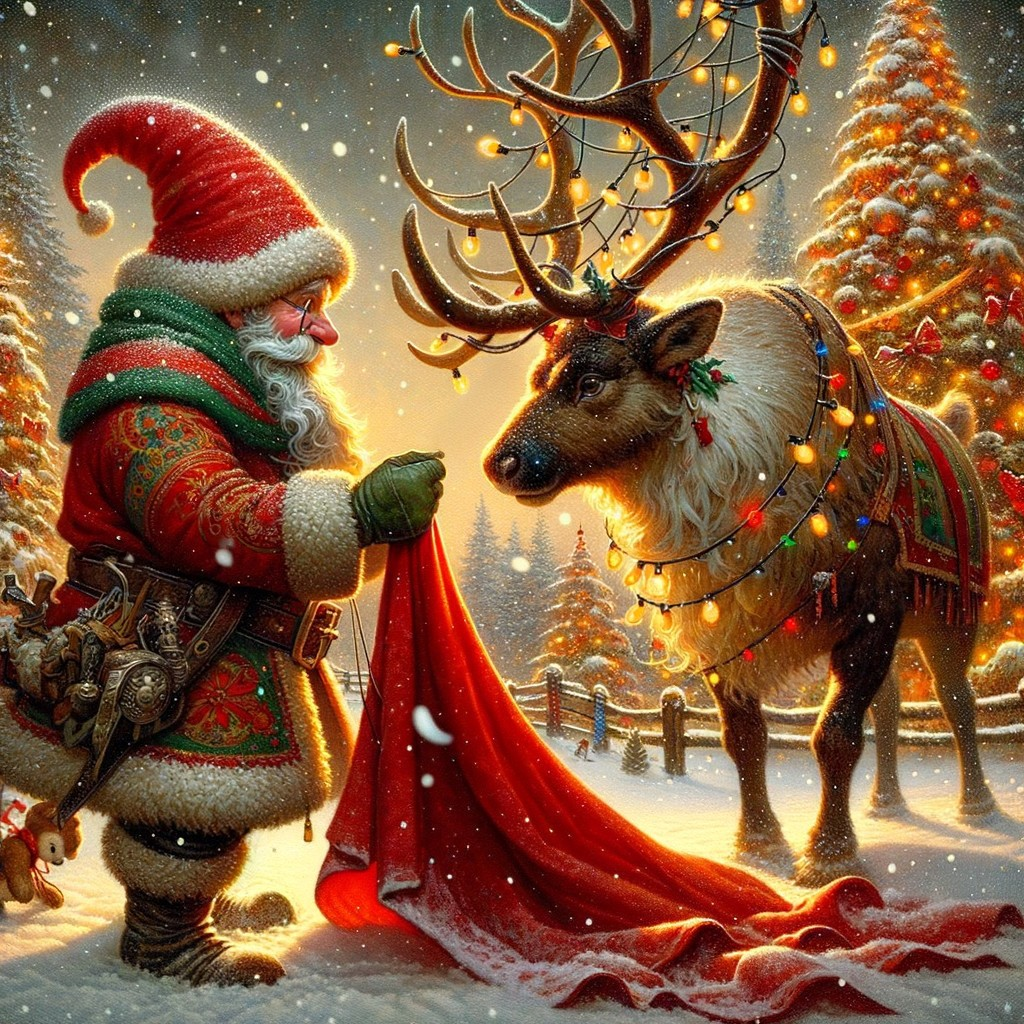 Santa Claus and Reindeer in a Festive Snowy Scene