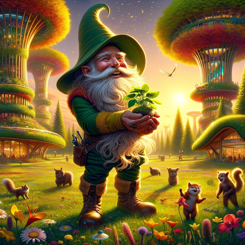 Joyful gnome in a whimsical sunset forest scene