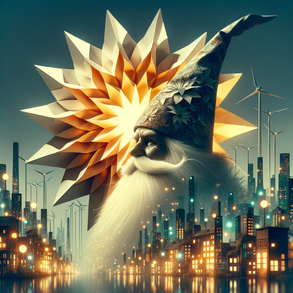 Whimsical Santa-like Figure Amid Wind Turbines and City Lights