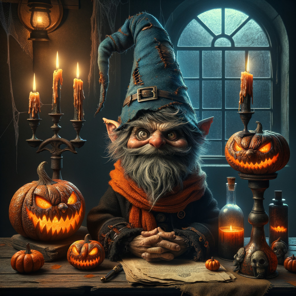 Whimsical Goblin in Eerie Halloween Setting