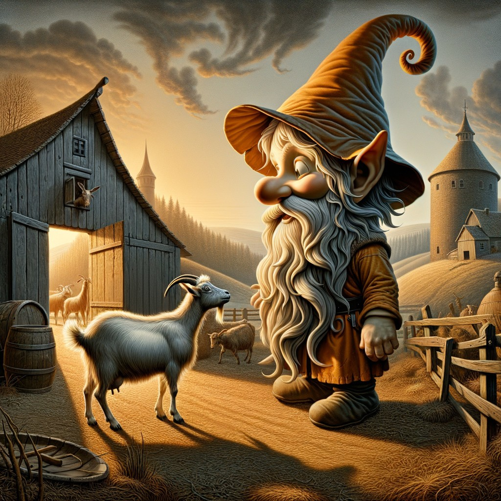 Cheerful Gnome and Goat in Rural Landscape Illustration