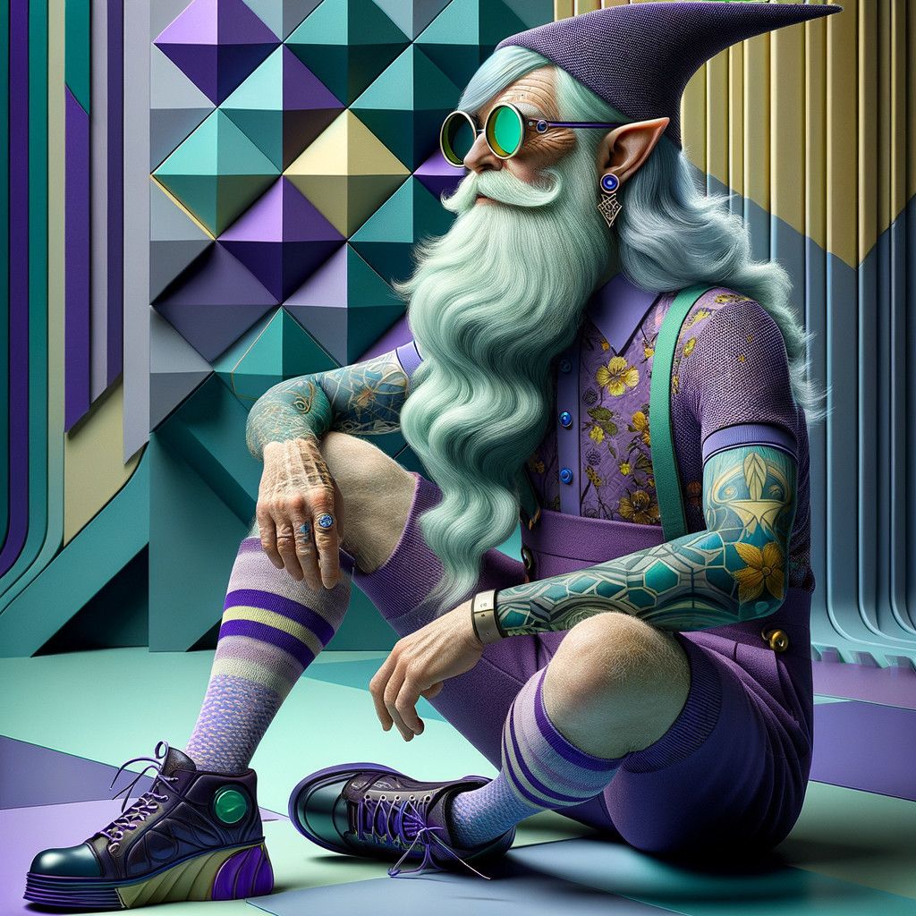 Whimsical Character in Purple Outfit with Tattoos