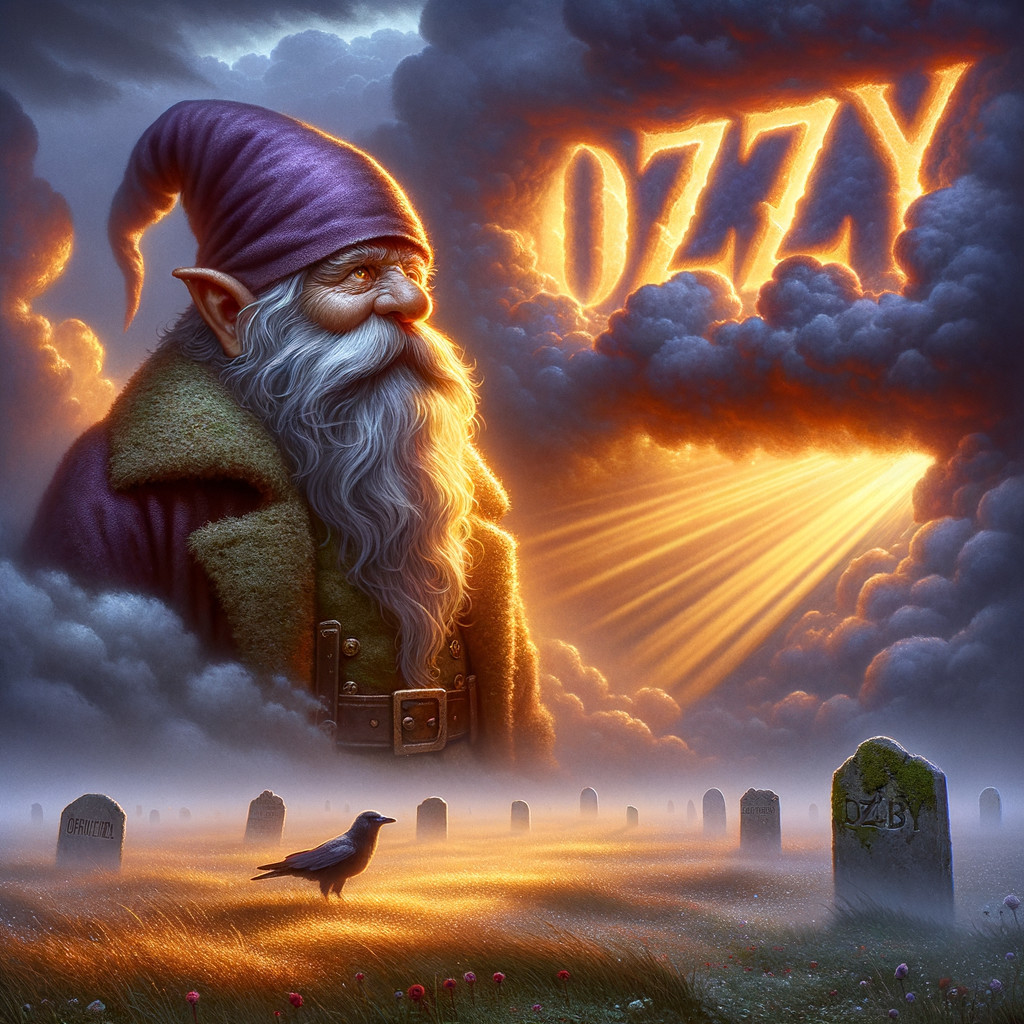 Gnome in Purple Hat Overlooks Foggy Graveyard Scene