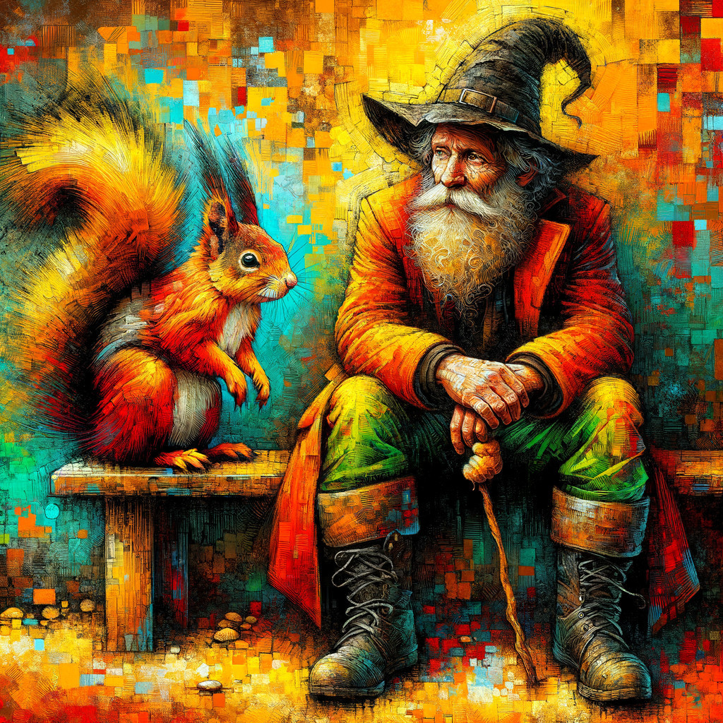 Elderly wizard and squirrel in a whimsical setting