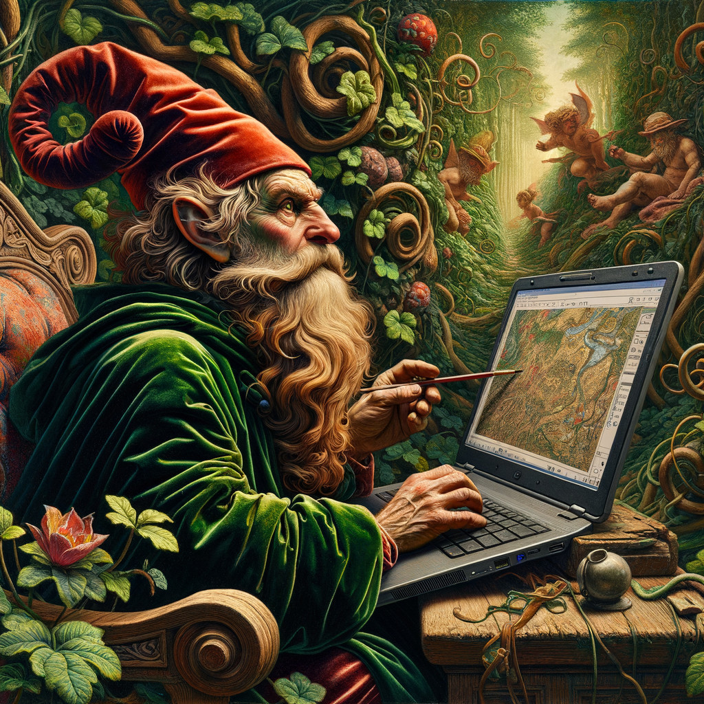 Gnome at Desk in Enchanted Forest with Laptop