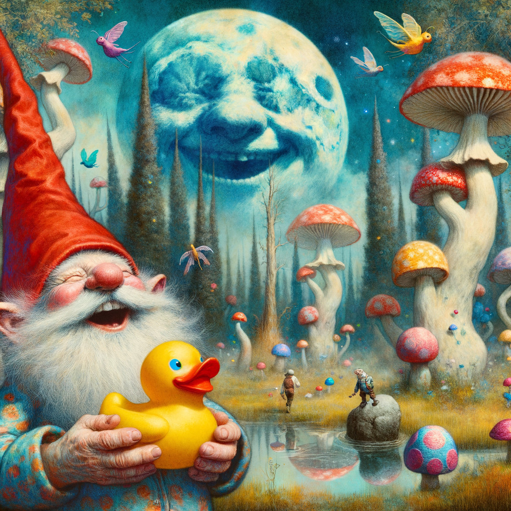 Whimsical Gnome with Duck in Colorful Fantasy Scene