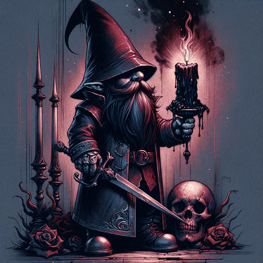 Whimsical gnome with candle and dagger in eerie setting